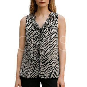 NORANOH Silk Top V-Neck Zebra Print Ruffle Front/Neck Size Medium